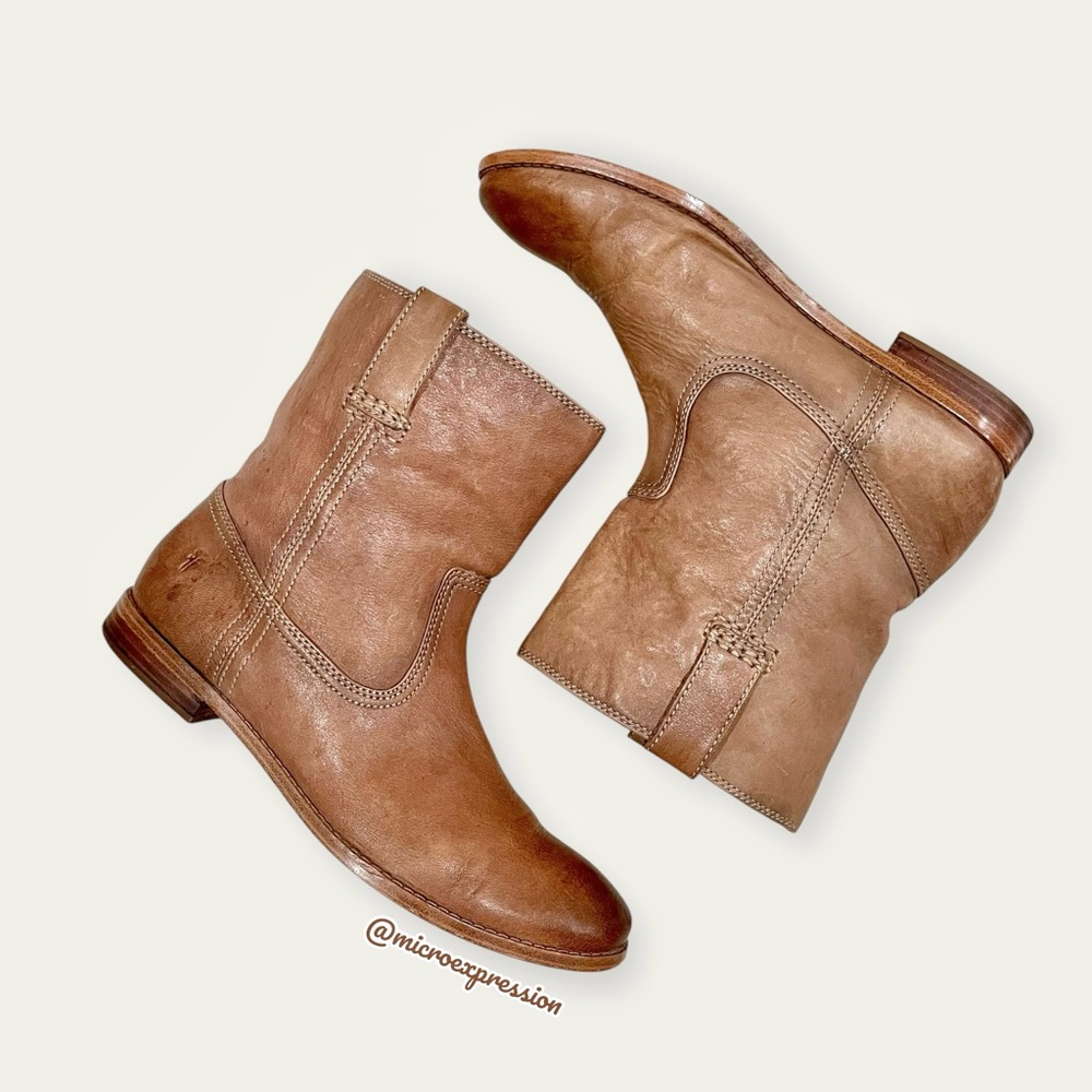 Frye Anna Short Light Tan Leather Pull On Comfy Casual Low Heel Ankle Booties - Picture 12 of 12